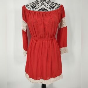 Entro Orange Long Sleeve Boho Mini Dress with Cream Lace Size Medium